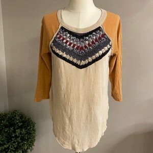 WE THE FREE casual partial CROCHET TOP L/S vintage western tribal vibe XS relax